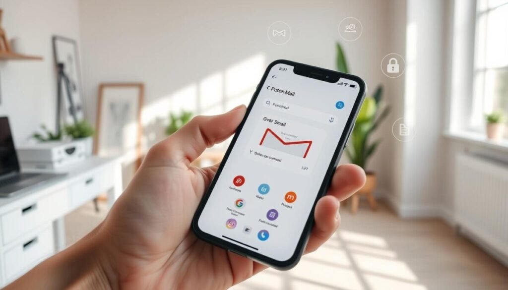 A sleek, modern user experience app interface displayed on a smartphone held in one hand, showcasing the key features of both Proton Mail and Gmail. In the foreground, focus on the app screen with visually engaging icons and a clean layout. The middle ground features a stylish workspace with a desk, laptop, and vibrant plants to represent productivity. In the background, soft natural light filters through a window, casting gentle shadows and creating a warm, inviting atmosphere. The smartphone is angled at a slight tilt to emphasize the app's functionality, while a hint of digital overlay illustrates data privacy with subtle icons. The overall mood is professional and user-friendly, blending elements of technology and comfort. A sleek, modern user experience app interface displayed on a smartphone held in one hand, showcasing the key features of both Proton Mail and Gmail. In the foreground, focus on the app screen with visually engaging icons and a clean layout. The middle ground features a stylish workspace with a desk, laptop, and vibrant plants to represent productivity. In the background, soft natural light filters through a window, casting gentle shadows and creating a warm, inviting atmosphere. The smartphone is angled at a slight tilt to emphasize the app's functionality, while a hint of digital overlay illustrates data privacy with subtle icons. The overall mood is professional and user-friendly, blending elements of technology and comfort.