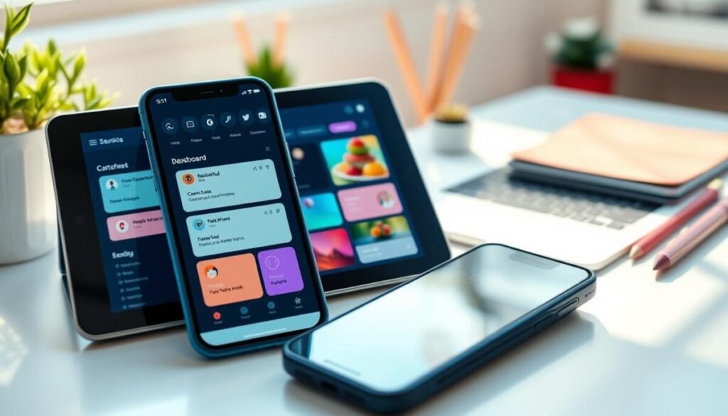 A sleek, modern user interface design for a to-do app, showcasing a dashboard filled with colorful task cards and intuitive navigation elements. The foreground features a close-up view of a smartphone displaying a beautifully organized app, emphasizing clean lines and minimalistic icons. In the middle ground, a stylish tablet displays a slightly different layout with vibrant colors and engaging visuals. The background includes a softly blurred workspace featuring a desk with a laptop, plants, and stationery to create a productive atmosphere. The lighting is bright and inviting, casting natural shadows, with a soft focus on the user interface elements to highlight the design. The overall mood is professional yet approachable, embodying innovation in digital task management. A sleek, modern user interface design for a to-do app, showcasing a dashboard filled with colorful task cards and intuitive navigation elements. The foreground features a close-up view of a smartphone displaying a beautifully organized app, emphasizing clean lines and minimalistic icons. In the middle ground, a stylish tablet displays a slightly different layout with vibrant colors and engaging visuals. The background includes a softly blurred workspace featuring a desk with a laptop, plants, and stationery to create a productive atmosphere. The lighting is bright and inviting, casting natural shadows, with a soft focus on the user interface elements to highlight the design. The overall mood is professional yet approachable, embodying innovation in digital task management.