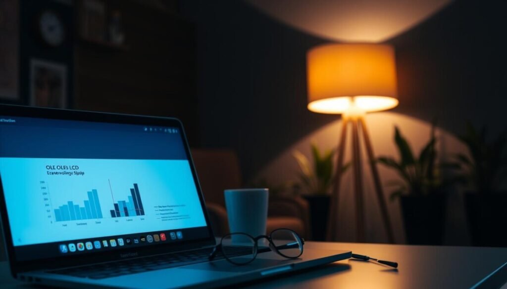 A sleek, modern workspace bathed in dark mode aesthetics. In the foreground, a laptop screen glowing with a soft, cool blue hue displays a clearly defined interface in dark mode, showcasing graphs comparing OLED and LCD technologies. Nearby, a pair of glasses rests on a stylish, minimalistic desk, hinting at a thoughtful user. The middle ground features a stylish desk lamp, emitting a warm light that contrasts with the screen, enhancing the serene ambiance. The background is softly blurred, showing a cozy office with dark walls and a few plants, creating an inviting yet professional atmosphere. The lighting is subtle, emphasizing the contrast between light and dark, while maintaining a mood of focus and calm. A sleek, modern workspace bathed in dark mode aesthetics. In the foreground, a laptop screen glowing with a soft, cool blue hue displays a clearly defined interface in dark mode, showcasing graphs comparing OLED and LCD technologies. Nearby, a pair of glasses rests on a stylish, minimalistic desk, hinting at a thoughtful user. The middle ground features a stylish desk lamp, emitting a warm light that contrasts with the screen, enhancing the serene ambiance. The background is softly blurred, showing a cozy office with dark walls and a few plants, creating an inviting yet professional atmosphere. The lighting is subtle, emphasizing the contrast between light and dark, while maintaining a mood of focus and calm.