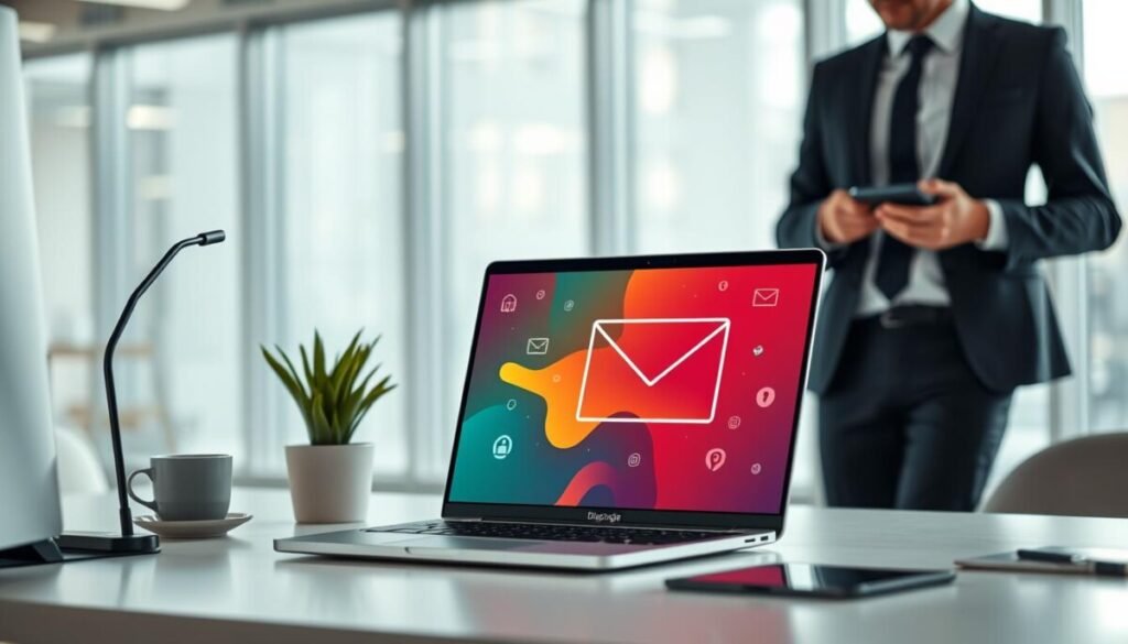 A sleek modern workspace, dominated by a minimalist desk setup. In the foreground, a glowing laptop displays a colorful interface of a disposable email service, its screen vibrant with abstract icons symbolizing privacy and security. An elegant, professional-looking individual in business attire stands at the side, intently observing the screen while holding a smartphone. The middle ground features a potted plant and a steaming cup of coffee, adding warmth and a touch of domesticity. The background is a softly blurred modern office environment with large windows letting in gentle daylight, creating a bright and focused atmosphere. The overall mood is one of professionalism mixed with a sense of digital innovation, emphasizing the importance of privacy. A sleek modern workspace, dominated by a minimalist desk setup. In the foreground, a glowing laptop displays a colorful interface of a disposable email service, its screen vibrant with abstract icons symbolizing privacy and security. An elegant, professional-looking individual in business attire stands at the side, intently observing the screen while holding a smartphone. The middle ground features a potted plant and a steaming cup of coffee, adding warmth and a touch of domesticity. The background is a softly blurred modern office environment with large windows letting in gentle daylight, creating a bright and focused atmosphere. The overall mood is one of professionalism mixed with a sense of digital innovation, emphasizing the importance of privacy.