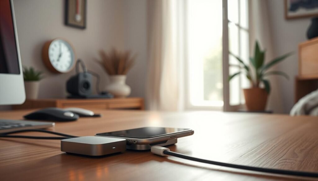 A sleek, modern workspace featuring a close-up of a MagSafe charger placed on a wooden desk. In the foreground, the charger is slightly elevated, with glowing LED indicators reflecting a warm light to symbolize charging activity. The middle ground shows a smartphone magnetically attached to the charger, with a faint heat haze visually implied around its edges, indicating rising temperature. In the background, a cozy, sunlit room with an open window slightly ajar, allowing soft, diffused natural light to illuminate the scene, enhancing the warm atmosphere. Subtle details like a thermometer displaying ambient temperature and a potted plant add context to environmental factors. Capture this with a shallow depth of field to focus on the charger while softly blurring the background elements, creating a professional and informative visual. A sleek, modern workspace featuring a close-up of a MagSafe charger placed on a wooden desk. In the foreground, the charger is slightly elevated, with glowing LED indicators reflecting a warm light to symbolize charging activity. The middle ground shows a smartphone magnetically attached to the charger, with a faint heat haze visually implied around its edges, indicating rising temperature. In the background, a cozy, sunlit room with an open window slightly ajar, allowing soft, diffused natural light to illuminate the scene, enhancing the warm atmosphere. Subtle details like a thermometer displaying ambient temperature and a potted plant add context to environmental factors. Capture this with a shallow depth of field to focus on the charger while softly blurring the background elements, creating a professional and informative visual.