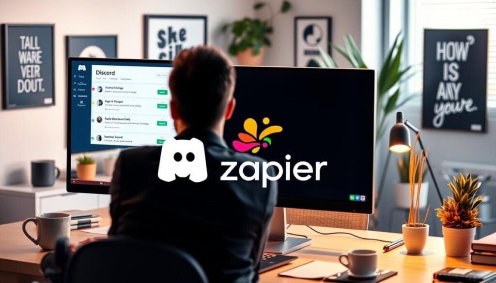 A sleek, modern workspace featuring a computer screen displaying a Discord interface with automated messages being scheduled. In the foreground, include a person dressed in professional business attire, focused on their computer while interacting with Zapier, surrounded by coffee cups and office supplies. In the middle ground, show a dynamic, colorful representation of the Discord logo and Zapier logo, symbolizing their integration. The background consists of a softly lit room with motivational posters and plants, creating a productive atmosphere. Use warm lighting to evoke a sense of innovation and efficiency, with a slight blur effect on the background to emphasize the central action. Capture a harmonious balance between technology and professionalism, promoting the theme of automation in communication. A sleek, modern workspace featuring a computer screen displaying a Discord interface with automated messages being scheduled. In the foreground, include a person dressed in professional business attire, focused on their computer while interacting with Zapier, surrounded by coffee cups and office supplies. In the middle ground, show a dynamic, colorful representation of the Discord logo and Zapier logo, symbolizing their integration. The background consists of a softly lit room with motivational posters and plants, creating a productive atmosphere. Use warm lighting to evoke a sense of innovation and efficiency, with a slight blur effect on the background to emphasize the central action. Capture a harmonious balance between technology and professionalism, promoting the theme of automation in communication.