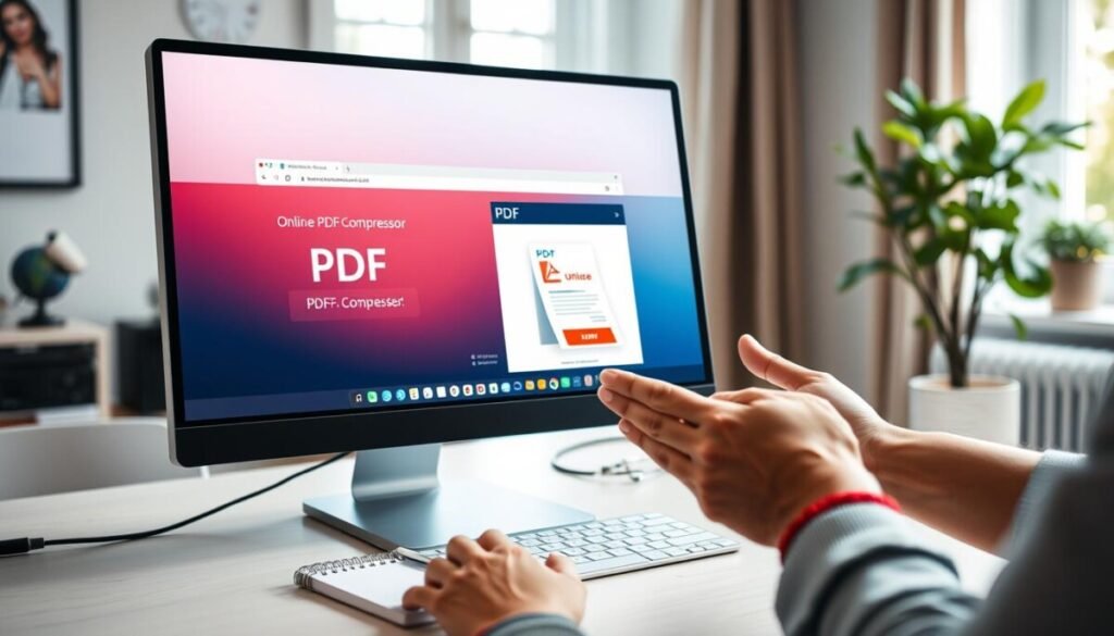 A sleek, modern workspace featuring a computer screen displaying a vibrant, user-friendly online PDF compressor interface. In the foreground, a pair of hands are gently navigating the software, showcasing a PDF document being dragged into the compressor window. The middle layer includes a clean desktop with a few essential office tools like a notebook and a coffee cup, emphasizing productivity. The background features a well-lit cozy office setting with a potted plant and soft sunlight filtering through a window, creating an inviting atmosphere. The overall mood is focused and efficient, illustrating the simplicity and ease of using free online tools for PDF compression. The image composition should utilize soft lighting for clarity and a slight depth of field to keep the focus on the computer screen and hands. A sleek, modern workspace featuring a computer screen displaying a vibrant, user-friendly online PDF compressor interface. In the foreground, a pair of hands are gently navigating the software, showcasing a PDF document being dragged into the compressor window. The middle layer includes a clean desktop with a few essential office tools like a notebook and a coffee cup, emphasizing productivity. The background features a well-lit cozy office setting with a potted plant and soft sunlight filtering through a window, creating an inviting atmosphere. The overall mood is focused and efficient, illustrating the simplicity and ease of using free online tools for PDF compression. The image composition should utilize soft lighting for clarity and a slight depth of field to keep the focus on the computer screen and hands.