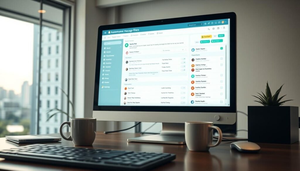 A sleek, modern workspace featuring a computer screen displaying an intricate user interface for automated message filters. In the foreground, show a keyboard and a coffee cup, symbolizing a dedicated moderator's environment. The middle ground should highlight the glowing screen, with colorful icons representing various moderation tools and settings, giving a sense of activity and control. In the background, softly blurred, include a window with a view of a peaceful urban landscape, bringing a serene ambiance. Soft, natural lighting from the window illuminates the space, casting gentle shadows. The overall mood should be professional yet inviting, emphasizing the efficiency and safety that automated moderation brings to online communities. A sleek, modern workspace featuring a computer screen displaying an intricate user interface for automated message filters. In the foreground, show a keyboard and a coffee cup, symbolizing a dedicated moderator's environment. The middle ground should highlight the glowing screen, with colorful icons representing various moderation tools and settings, giving a sense of activity and control. In the background, softly blurred, include a window with a view of a peaceful urban landscape, bringing a serene ambiance. Soft, natural lighting from the window illuminates the space, casting gentle shadows. The overall mood should be professional yet inviting, emphasizing the efficiency and safety that automated moderation brings to online communities.