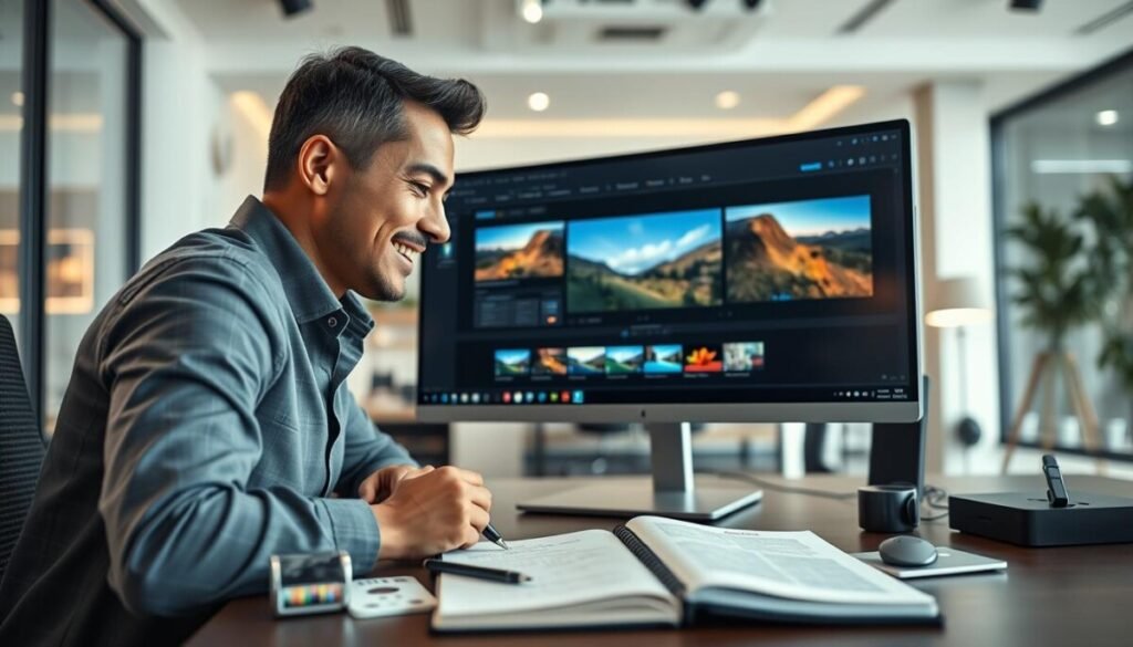 A sleek, modern workspace featuring a high-end computer monitor displaying a video upscaling software interface, showcasing vibrant, detailed images on the screen. In the foreground, a professional individual in smart casual attire is intently analyzing the screen, with a slight smile indicating satisfaction at the tool's performance. In the middle ground, several video files and a notepad filled with ideas and notes are scattered across the desk. The background portrays a stylish office with soft, ambient lighting that enhances the tech-savvy atmosphere. The angle is a dynamic over-the-shoulder view that highlights the interaction between the user and the software. The mood is productive and inspiring, capturing the essence of creativity and innovation in video editing. A sleek, modern workspace featuring a high-end computer monitor displaying a video upscaling software interface, showcasing vibrant, detailed images on the screen. In the foreground, a professional individual in smart casual attire is intently analyzing the screen, with a slight smile indicating satisfaction at the tool's performance. In the middle ground, several video files and a notepad filled with ideas and notes are scattered across the desk. The background portrays a stylish office with soft, ambient lighting that enhances the tech-savvy atmosphere. The angle is a dynamic over-the-shoulder view that highlights the interaction between the user and the software. The mood is productive and inspiring, capturing the essence of creativity and innovation in video editing.