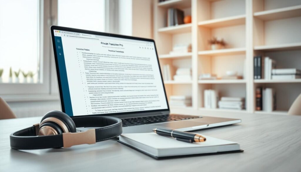 A sleek, modern workspace featuring a laptop open to the "Private Transcriber Pro" interface, showcasing a detailed transcript filled with clear, professional formatting. In the foreground, a pair of stylish headphones rests beside an elegant notepad and a pen, hinting at an organized transcription process. The middle ground features a large window with soft, natural light flooding the room, creating a calm and inspiring atmosphere. In the background, minimalistic shelves hold books related to interview techniques and research methodologies. Capture this scene with a shallow depth of field to subtly blur the background, focusing on the laptop and transcription tools. Use warm, inviting lighting to convey a sense of productivity and efficiency, ideal for professionals engaged in transcription work. A sleek, modern workspace featuring a laptop open to the "Private Transcriber Pro" interface, showcasing a detailed transcript filled with clear, professional formatting. In the foreground, a pair of stylish headphones rests beside an elegant notepad and a pen, hinting at an organized transcription process. The middle ground features a large window with soft, natural light flooding the room, creating a calm and inspiring atmosphere. In the background, minimalistic shelves hold books related to interview techniques and research methodologies. Capture this scene with a shallow depth of field to subtly blur the background, focusing on the laptop and transcription tools. Use warm, inviting lighting to convey a sense of productivity and efficiency, ideal for professionals engaged in transcription work.
