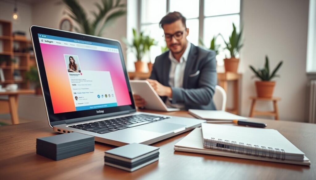 A sleek, modern workspace featuring a stylish laptop displaying a vibrant Instagram account interface on the screen. In the foreground, there are neatly arranged business cards and a professional notebook, conveying organization and professionalism. In the middle, a confident individual in smart casual attire interacts with the laptop, their expression focused and engaged. The background features a bright, airy office with plants and minimalistic decor that enhances a contemporary feel. The lighting is soft and natural, streaming through a large window, creating an inviting atmosphere. The overall mood should inspire innovation and professionalism, ideal for budding entrepreneurs setting up their professional presence on social media platforms.