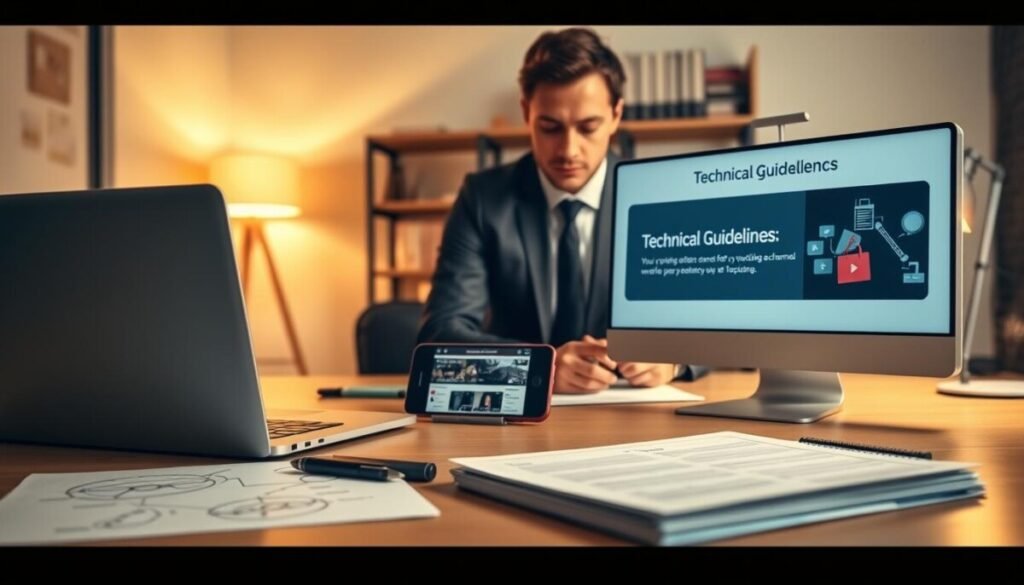 A sleek, modern workspace setting with a focus on a digital screen displaying technical guidelines for YouTube channel management. In the foreground, there is a well-organized desktop featuring a laptop, notes with diagrams, and a smartphone showcasing a YouTube channel interface. The middle area includes a professional person in business attire, intently reviewing the guidelines, ensuring a sense of engagement with the subject. The background features soft ambient lighting from a lamp and a bookshelf with technical books, creating a warm yet professional atmosphere. The lens captures the scene from a slight angle, emphasizing both the person and the digital display, highlighting the concept of channel presence effectively without any text or overlays. A sleek, modern workspace setting with a focus on a digital screen displaying technical guidelines for YouTube channel management. In the foreground, there is a well-organized desktop featuring a laptop, notes with diagrams, and a smartphone showcasing a YouTube channel interface. The middle area includes a professional person in business attire, intently reviewing the guidelines, ensuring a sense of engagement with the subject. The background features soft ambient lighting from a lamp and a bookshelf with technical books, creating a warm yet professional atmosphere. The lens captures the scene from a slight angle, emphasizing both the person and the digital display, highlighting the concept of channel presence effectively without any text or overlays.