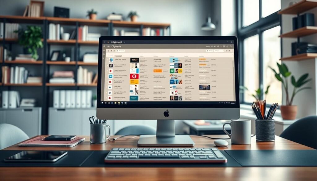 A sleek, modern workspace showcasing a digital clipboard history interface on a well-organized desk. In the foreground, a high-resolution desktop monitor displays a clean, intuitive clipboard manager filled with colorful thumbnails of various copied items, like text snippets, images, and links. The middle layer includes a stylish laptop with a shiny keyboard, surrounded by professional office supplies and a cup of coffee, conveying productivity. In the background, soft-focus shelves filled with books and plants add a touch of warmth, illuminated by natural light streaming through a large window, creating an inviting atmosphere. The overall mood is focused and efficient, emphasizing mastery over core productivity features. The perspective should be slightly angled, with a depth of field that highlights the clipboard interface. A sleek, modern workspace showcasing a digital clipboard history interface on a well-organized desk. In the foreground, a high-resolution desktop monitor displays a clean, intuitive clipboard manager filled with colorful thumbnails of various copied items, like text snippets, images, and links. The middle layer includes a stylish laptop with a shiny keyboard, surrounded by professional office supplies and a cup of coffee, conveying productivity. In the background, soft-focus shelves filled with books and plants add a touch of warmth, illuminated by natural light streaming through a large window, creating an inviting atmosphere. The overall mood is focused and efficient, emphasizing mastery over core productivity features. The perspective should be slightly angled, with a depth of field that highlights the clipboard interface.