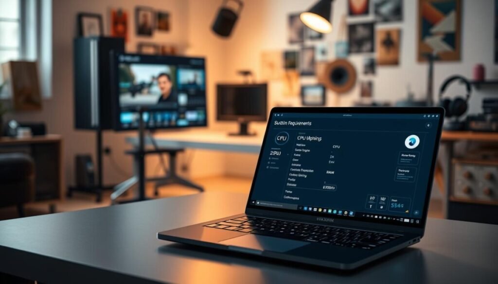 A sleek, modern workspace showcasing the system requirements for DaVinci Resolve Studio. In the foreground, a stylish laptop displays a detailed list of technical specifications on a sleek digital screen, with icons representing CPU, GPU, RAM, and storage alongside graphical elements highlighting performance stats. The middle ground features a clean desk with a high-quality monitor, a color grading panel, and a professional headset, all bathed in a soft, warm light that enhances the tech-savvy atmosphere. In the background, a blurred view of a creative studio space with art supplies and editing tools adds an inspiring touch. The scene exudes a focused and productive mood, ideal for professional video editing, with a hint of cinematic flair from the lighting and composition. A sleek, modern workspace showcasing the system requirements for DaVinci Resolve Studio. In the foreground, a stylish laptop displays a detailed list of technical specifications on a sleek digital screen, with icons representing CPU, GPU, RAM, and storage alongside graphical elements highlighting performance stats. The middle ground features a clean desk with a high-quality monitor, a color grading panel, and a professional headset, all bathed in a soft, warm light that enhances the tech-savvy atmosphere. In the background, a blurred view of a creative studio space with art supplies and editing tools adds an inspiring touch. The scene exudes a focused and productive mood, ideal for professional video editing, with a hint of cinematic flair from the lighting and composition.