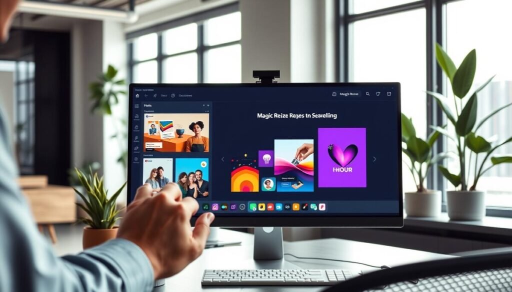 A sleek, modern workspace with a computer screen displaying the "Magic Resize" feature of a graphic design software like Canva Pro. In the foreground, a close-up of hands skillfully adjusting designs on the screen, showcasing the intuitive user interface. The middle ground features vibrant images and graphics transforming seamlessly as they are resized, with playful animations hinting at the magic of AI tools. The background includes a stylish office environment with potted plants and minimalist decor, bathed in natural light streaming through a large window. The mood is innovative and inspiring, capturing the essence of creativity and efficiency in graphic design. The scene should reflect a blend of professionalism and modernity, without any people present.