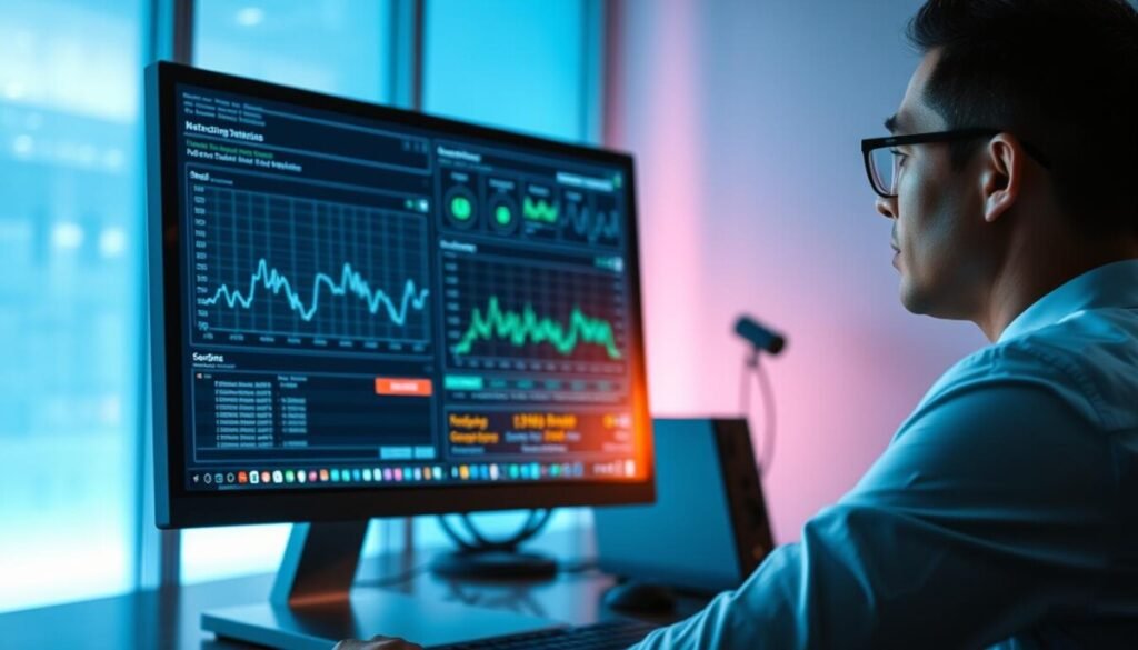 A sleek modern workspace with a high-tech computer displaying complex security software interfaces on the screen, highlighting detection processes. In the foreground, a focused professional in business attire, analyzing data with a look of concentration, is seated at the desk. The middle layer features a close-up of the computer screen, showing detailed graphs and scanning indicators that represent monitoring for hidden cryptocurrency mining applications. In the background, a softly lit room with subtle blue and green ambient lighting creates a high-tech atmosphere. Reflections from the screen cast a glow on the user’s face, enhancing the mood of vigilance and modernity. The overall composition should evoke a sense of urgency and professionalism in digital security.