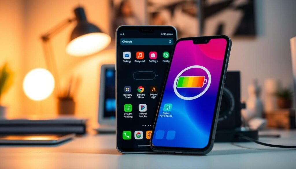 A sleek smartphone displaying a colorful battery icon in the foreground, with its battery life indicator prominently showing a full charge. The middle layer features various app icons arranged attractively, all optimized for performance, such as settings for battery saver mode and system performance tweaks. In the background, a blurred workspace with a laptop, digital tools, and a charging station, illuminated by soft, warm ambient lighting, suggesting a professional yet inviting atmosphere. The scene captures a sense of efficiency and technological advancement, with a focus on device optimization. The angle is slightly tilted downward to emphasize the smartphone's screen, creating an engaging perspective without any text or logos, ensuring a clean, polished look.