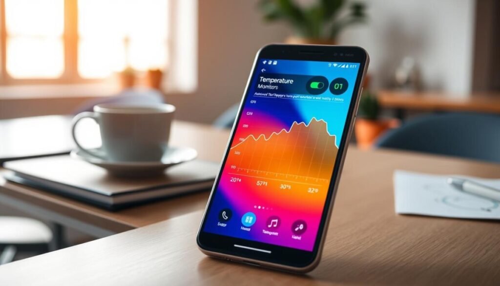 A sleek smartphone displaying an advanced temperature monitor app, with a graph indicating CPU and battery temperature trends. The foreground highlights the phone in a well-lit office setting, emphasizing the screen's vibrant colors and detailed interface. In the middle ground, a blurred workspace is visible, featuring a minimalist desk with a cup of coffee and a potted plant, suggesting a tech-savvy environment. The background is softly illuminated, with natural light filtering through a window, creating a warm and focused atmosphere. The composition captures a professional feel, evoking efficiency and modernity. The angle is slightly elevated, looking down at the phone, to enhance the visibility of the app interface, showcasing both functionality and design. A sleek smartphone displaying an advanced temperature monitor app, with a graph indicating CPU and battery temperature trends. The foreground highlights the phone in a well-lit office setting, emphasizing the screen's vibrant colors and detailed interface. In the middle ground, a blurred workspace is visible, featuring a minimalist desk with a cup of coffee and a potted plant, suggesting a tech-savvy environment. The background is softly illuminated, with natural light filtering through a window, creating a warm and focused atmosphere. The composition captures a professional feel, evoking efficiency and modernity. The angle is slightly elevated, looking down at the phone, to enhance the visibility of the app interface, showcasing both functionality and design.
