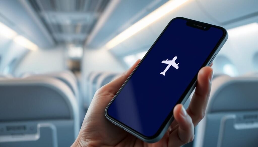 A sleek smartphone displaying the "airplane mode" symbol prominently on its screen, held in a hand with a blurred background of an airplane cabin. In the foreground, focus on the phone with clear visibility of the airplane mode icon, which is illuminated to signify activation. The middle ground features soft, natural lighting that suggests a calm atmosphere, while the background shows smooth airplane seats, overhead lights, and a faint glimpse of clouds outside the cabin windows. The color palette should evoke a serene and professional ambiance, with shades of blue and white. The overall mood is one of clarity and tranquility, emphasizing the benefits of enabling airplane mode in a travel setting. A sleek smartphone displaying the "airplane mode" symbol prominently on its screen, held in a hand with a blurred background of an airplane cabin. In the foreground, focus on the phone with clear visibility of the airplane mode icon, which is illuminated to signify activation. The middle ground features soft, natural lighting that suggests a calm atmosphere, while the background shows smooth airplane seats, overhead lights, and a faint glimpse of clouds outside the cabin windows. The color palette should evoke a serene and professional ambiance, with shades of blue and white. The overall mood is one of clarity and tranquility, emphasizing the benefits of enabling airplane mode in a travel setting.