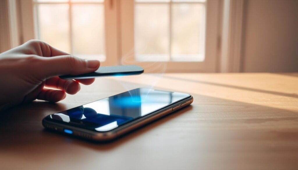 A sleek smartphone lying on a wooden table, showing signs of overheating with visible heat waves shimmering above it. In the foreground, a hand gently holds a cooling pad, emphasizing the action of cooling down the device. The background features an open window letting in soft, natural light that creates a calming atmosphere. A subtle blue LED light glows from the phone screen, contrasting with the warm hues of the environment. The setting is minimalist and modern, highlighting the phone while suggesting a sense of urgency and action in preventing further overheating. The image captures the tension between technology and nature, evoking a moment of immediate intervention to safeguard devices.