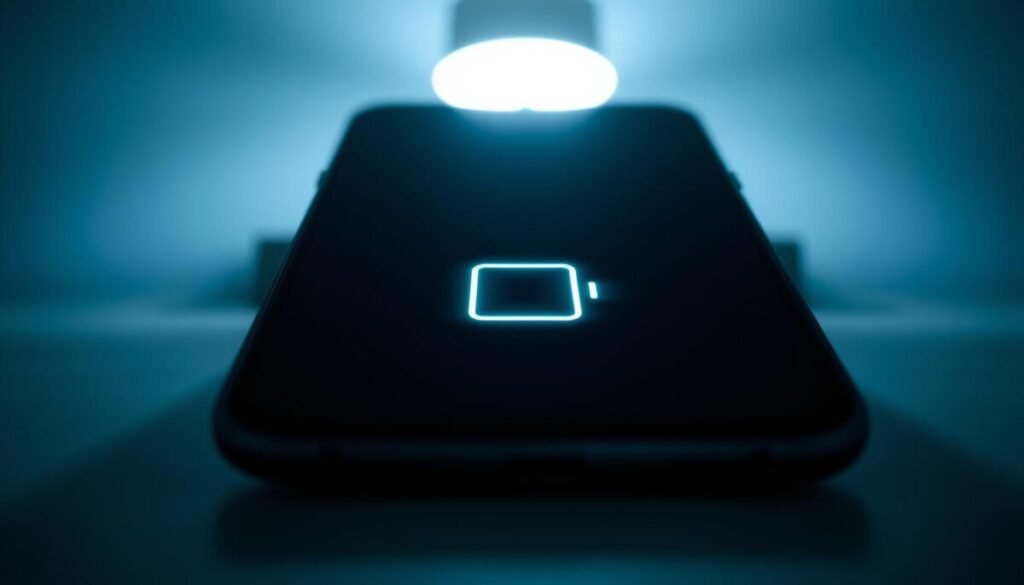 A sleek smartphone screen displaying a dark mode interface, with a glowing battery icon prominently featured in the foreground, reflecting a low battery percentage. In the middle, a contrasting bright light source softly illuminates the phone, casting gentle shadows that highlight its modern design. The background features a blurred out setting of a dimly lit room, enhancing the focus on the device and creating a calm, tech-savvy atmosphere. The lighting should feel moody and intimate, evoking a sense of cozy evening use. Capture the image from a slightly elevated angle, giving depth to the composition while maintaining clarity on the dark mode display.