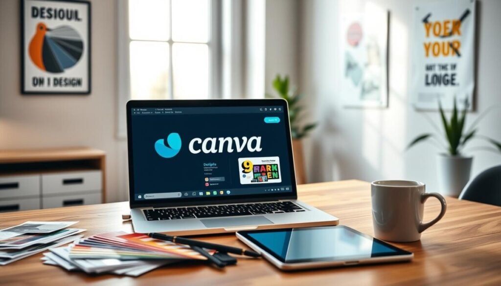 A sleek workspace featuring a modern laptop displaying the Canva logo prominently on its screen, with a partially open design file showcasing a vibrant, professionally designed logo concept. In the foreground, an assortment of graphic design tools such as color swatches, a tablet, and a coffee mug are arranged neatly on a wooden desk. The middle layer features a bright window casting soft daylight, illuminating the workspace and enhancing the creative atmosphere. The background shows a minimalist wall adorned with inspirational design posters. The overall mood is focused and creative, emphasizing professionalism and innovation. Use a shallow depth of field to keep the focus on the laptop screen, with soft bokeh effects in the background for added warmth and clarity.