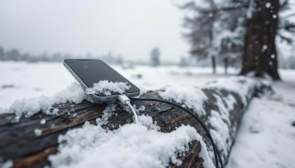 A smartphone being charged outdoors in a snowy, icy landscape, highlighting the dangers of charging in freezing temperatures. In the foreground, the phone is perched on a snow-covered log, with frost forming around the charging port. The middle ground features a chilly winter scene, with falling snowflakes and a grey, overcast sky that casts a muted light on everything. In the background, distant trees are dusted with snow, emphasizing the harsh cold. The atmosphere is tense and cautionary, suggesting the harmful effects of cold on technology. Capture the image from a slightly low angle to enhance the focus on the phone and create a dramatic depth of field, highlighting the chilling winter elements.