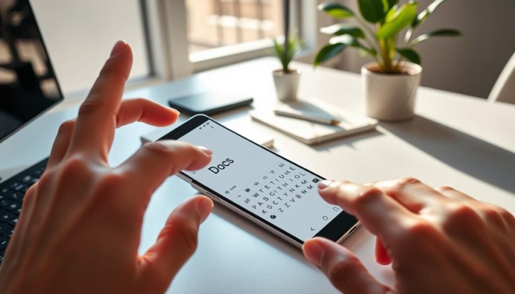A smartphone displaying Google Docs on its screen, placed on a sleek, modern desk. In the foreground, a pair of hands with neatly manicured nails are hovering close to the phone, demonstrating an active voice typing feature. The middle ground features a vibrant workspace with a potted plant and a professional notebook. In the background, soft sunlight filters through a nearby window, casting gentle shadows. The scene is captured from a slight angle to emphasize the desk's organization and the phone's interface, showcasing a user-friendly environment. The overall mood is productive and inviting, reflecting a seamless mobile workflow for Android users.