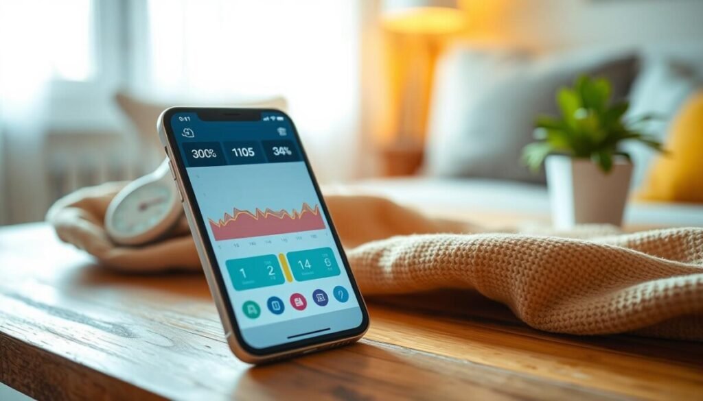A smartphone displaying a temperature monitoring app interface, prominently featured in the foreground. The phone is sleek and modern, with a crisp touchscreen that showcases vibrant graphs and numerical readouts of temperature data. The middle ground includes a cozy home setting, with a wooden table and soft fabric textures that convey a sense of comfort. In the background, there are blurred items like a thermometer and a small indoor plant, hinting at a domestic atmosphere. The lighting is warm and inviting, with soft natural light filtering in from a nearby window, creating a calm mood. The camera angle is slightly above the phone, focused on the app interface, emphasizing its essential features, while ensuring no text or logos are visible. A smartphone displaying a temperature monitoring app interface, prominently featured in the foreground. The phone is sleek and modern, with a crisp touchscreen that showcases vibrant graphs and numerical readouts of temperature data. The middle ground includes a cozy home setting, with a wooden table and soft fabric textures that convey a sense of comfort. In the background, there are blurred items like a thermometer and a small indoor plant, hinting at a domestic atmosphere. The lighting is warm and inviting, with soft natural light filtering in from a nearby window, creating a calm mood. The camera angle is slightly above the phone, focused on the app interface, emphasizing its essential features, while ensuring no text or logos are visible.