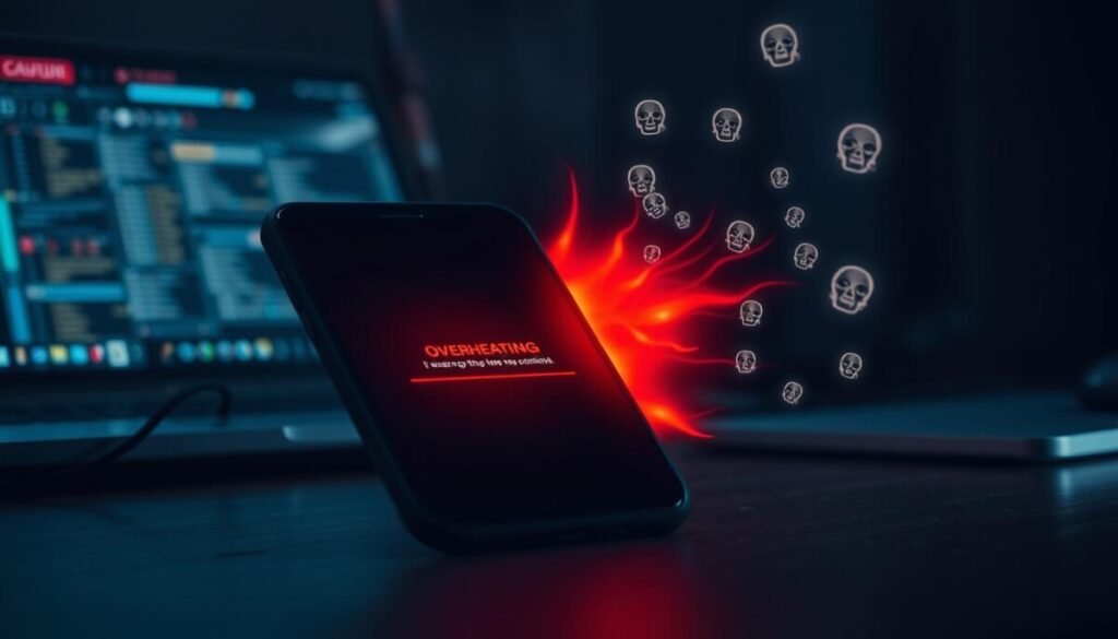 A smartphone displaying an overheating warning on its screen is set against a dark, ominous background representing a digital world compromised by malware. In the foreground, the phone emits heat waves, illustrated by red and orange hues, while small icons of malware, such as skulls and caution signs, appear swirling around it like faint digital ghosts. In the middle ground, a blurred laptop and networking cables hint at a broader tech environment, emphasizing the theme of security threats. The overall lighting casts an eerie glow, highlighting the urgency and tension of the situation. The angle is slightly tilted, amplifying the sense of chaos, creating a dramatic and suspenseful atmosphere conducive to a tech-related warning. A smartphone displaying an overheating warning on its screen is set against a dark, ominous background representing a digital world compromised by malware. In the foreground, the phone emits heat waves, illustrated by red and orange hues, while small icons of malware, such as skulls and caution signs, appear swirling around it like faint digital ghosts. In the middle ground, a blurred laptop and networking cables hint at a broader tech environment, emphasizing the theme of security threats. The overall lighting casts an eerie glow, highlighting the urgency and tension of the situation. The angle is slightly tilted, amplifying the sense of chaos, creating a dramatic and suspenseful atmosphere conducive to a tech-related warning.