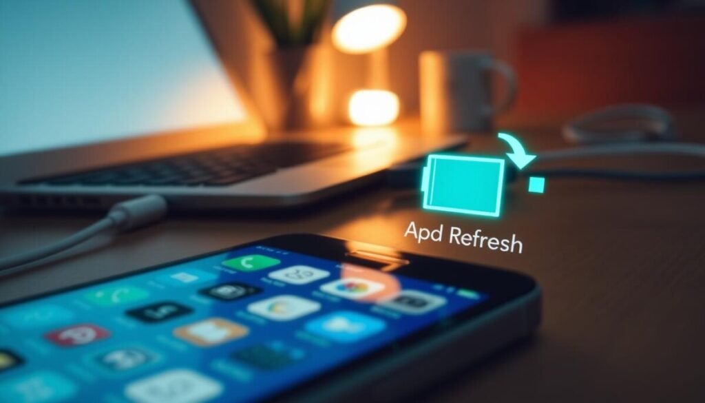 A smartphone lying on a wooden table, displaying a battery icon with a low charge and a glowing refresh symbol overlay to signify "Background App Refresh." In the foreground, a close-up of the phone screen, highlighting the app icons, some dimmed to indicate background activity. In the middle ground, a partially visible shadow of a laptop and a charging cable, symbolizing ongoing device usage and energy consumption. The background features a subtle blur of a cozy workspace with warm lighting, emphasizing an everyday setting. The mood is informative and introspective, focusing on the energy implications of technology. The image should be bright and clear, with a soft depth of field, capturing the essence of digital life and its impact on battery life.