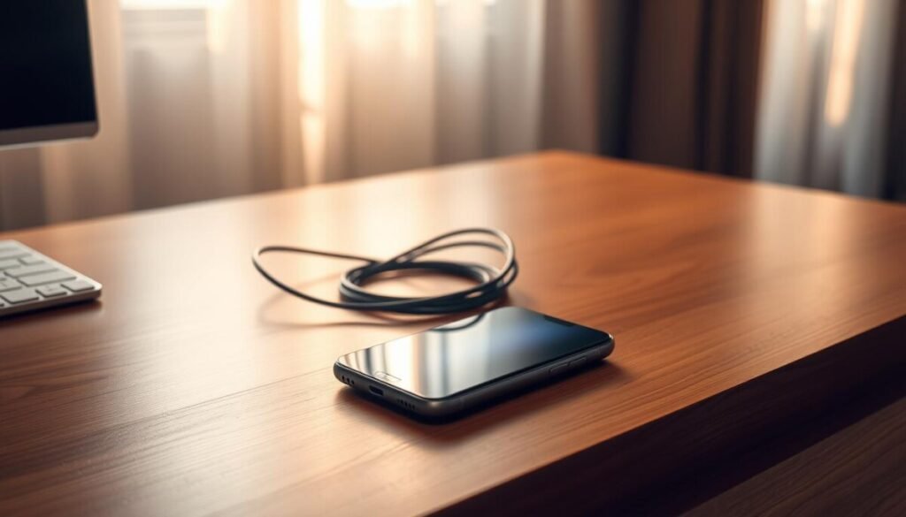 A smartphone on a sleek wooden desk, displaying its screen dimming feature. In the foreground, the phone's screen shows a gradient transition from bright to dim states, highlighted by a soft glow. The middle layer features a charging cable coiled beside the phone, symbolizing power management, with subtle reflections on the desk surface. The background includes a softly blurred window with sunlight filtering through sheer curtains, casting warm light that enhances the cozy atmosphere. The scene is shot with a shallow depth of field to emphasize the phone while providing a sense of calm. The overall mood is professional and informative, designed to evoke a sense of understanding about managing screen brightness and device performance. A smartphone on a sleek wooden desk, displaying its screen dimming feature. In the foreground, the phone's screen shows a gradient transition from bright to dim states, highlighted by a soft glow. The middle layer features a charging cable coiled beside the phone, symbolizing power management, with subtle reflections on the desk surface. The background includes a softly blurred window with sunlight filtering through sheer curtains, casting warm light that enhances the cozy atmosphere. The scene is shot with a shallow depth of field to emphasize the phone while providing a sense of calm. The overall mood is professional and informative, designed to evoke a sense of understanding about managing screen brightness and device performance.