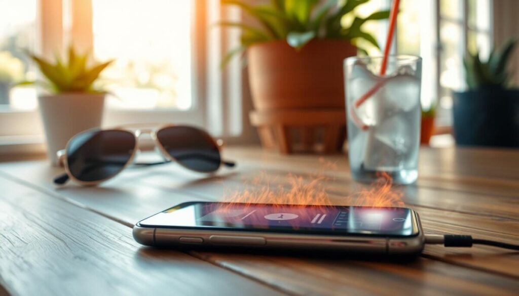A smartphone overheating on a wooden table during a bright summer day. The phone is visibly hot, with a shimmering heat haze emanating from its screen, creating a warm glow. In the foreground, the phone's screen displays a warning symbol about overheating, while the camera angle is slightly tilted to emphasize the distortion from the heat. The middle ground features a pair of sunglasses and a cold drink, suggesting summertime. The background includes a sunlit window, casting soft shadows, and potted plants, enhancing the warm, summery atmosphere. Natural light illuminates the scene, creating a vivid, realistic look that captures the urgency of overheating electronics. A smartphone overheating on a wooden table during a bright summer day. The phone is visibly hot, with a shimmering heat haze emanating from its screen, creating a warm glow. In the foreground, the phone's screen displays a warning symbol about overheating, while the camera angle is slightly tilted to emphasize the distortion from the heat. The middle ground features a pair of sunglasses and a cold drink, suggesting summertime. The background includes a sunlit window, casting soft shadows, and potted plants, enhancing the warm, summery atmosphere. Natural light illuminates the scene, creating a vivid, realistic look that captures the urgency of overheating electronics.
