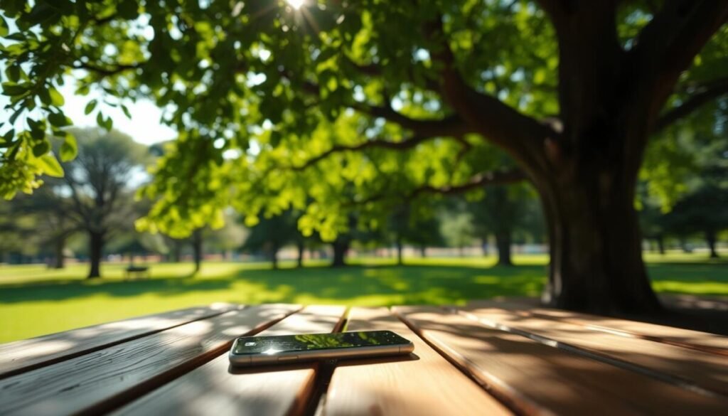 A smartphone placed on a wooden picnic table sheltered under the shade of a large leafy tree. The foreground shows the phone glistening slightly in the dappled sunlight filtering through the leaves. The middle ground captures the gentle sway of tree branches, creating a pattern of light and shadow on the surface of the table. In the background, a serene park scene shows green grass and distant people enjoying a sunny day, emphasizing the contrast between the shaded area and the bright sunlight. The scene is illuminated with soft, natural daylight, creating a calm and inviting atmosphere. The composition should be shot from a slightly elevated angle, capturing both the phone's sleek design and the surrounding nature, evoking a sense of tranquility and care for the device’s safety during use.
