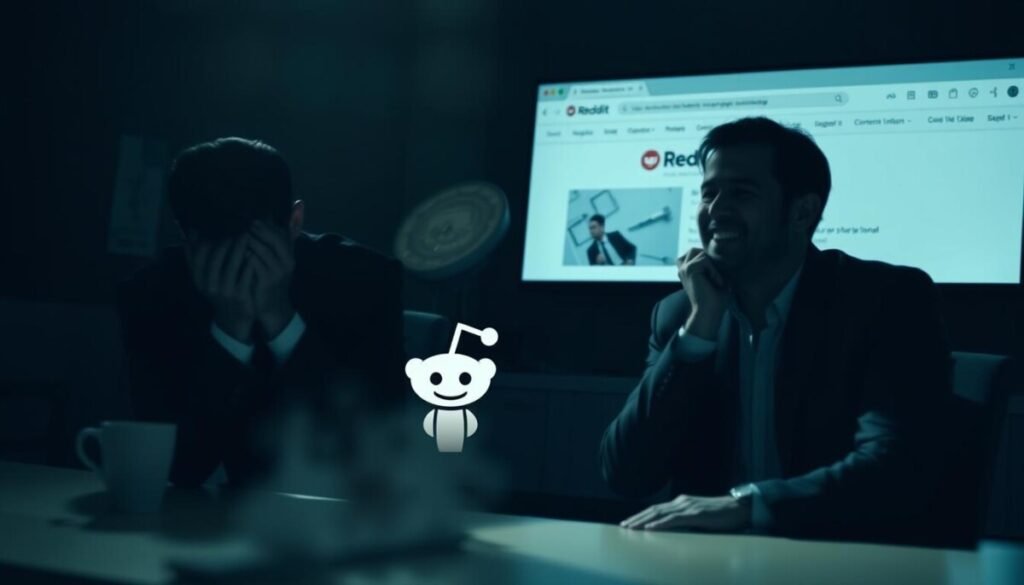 A split-screen image depicting the concept of "shadowban." On the left side, show a darkened computer screen with a frustrated user in professional attire, silhouetted in the shadows, head in hands, with the glow of the screen highlighting their worried expression. The middle ground features a faint outline of the Reddit logo, partially obscured by digital fog, symbolizing confusion. On the right side, illustrate a clear, vibrant subreddit page, with the same user looking relieved and engaged, a stark contrast to the shadowed side. Use soft lighting to create a moody atmosphere, emphasizing the struggle against invisibility versus transparency. The overall mood should evoke a sense of urgency in understanding bans on online platforms, captured with a slight blur and depth of field to draw focus to each side.