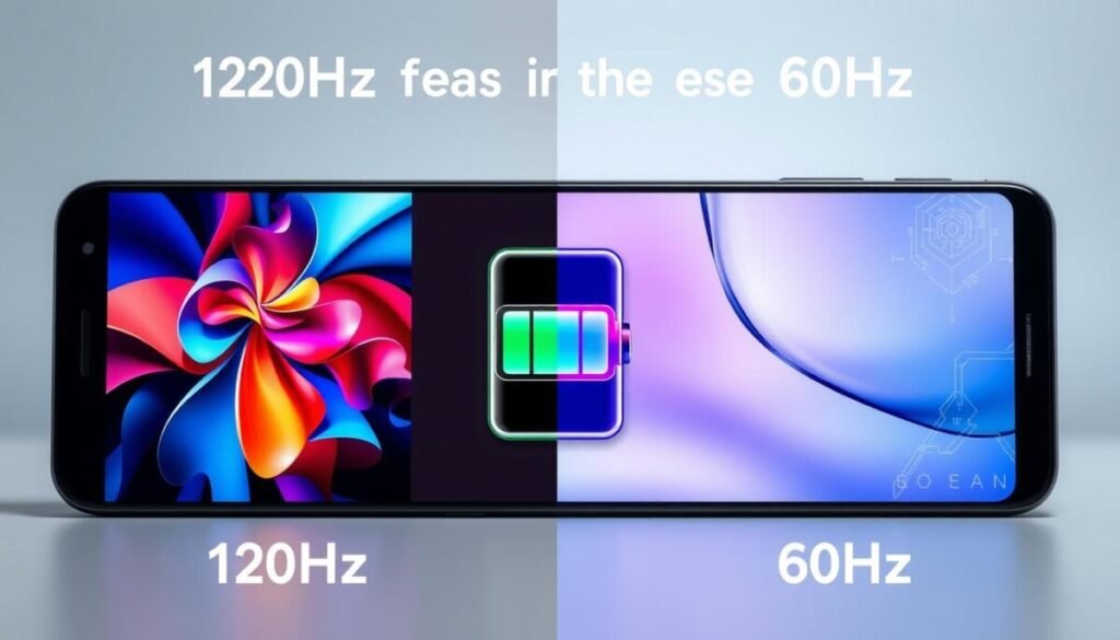 A split-screen image illustrating the battery life impact of 120Hz vs 60Hz refresh rates. In the foreground, two smartphone screens display dynamic visuals—one showcasing vibrant graphics at 120Hz and the other a calmer interface at 60Hz. The middle ground features a colorful battery meter, with the 120Hz side showing a rapidly depleting battery icon, while the 60Hz side has a fuller battery. The background is a gradient of light blues and tech-themed patterns, symbolizing modern technology. Soft lighting highlights the contrast between the two refresh rates, creating a sense of urgency on the 120Hz side and stability on the 60Hz side. The overall mood is informative and analytical.