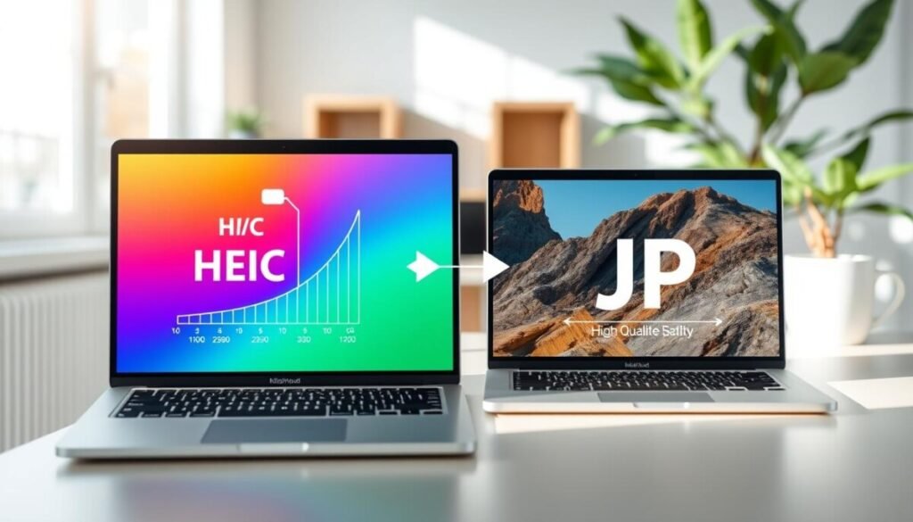A split-screen image illustrating the comparison between HEIC and JPG file formats. On the left, a sleek, modern laptop displaying an HEIC image file in vibrant colors, with a detailed graph highlighting its file size and compression quality; a clear distinction of the file size is emphasized through a visually engaging infographic with arrows. On the right, a similar laptop showcasing a high-quality JPG image, with softer colors and a corresponding graph demonstrating its larger file size and varied quality. The background is a softly blurred home office setting, illuminated by natural light streaming through a window, creating a professional and serene atmosphere. Ensure the image is clean and free of any text or watermarks. A split-screen image illustrating the comparison between HEIC and JPG file formats. On the left, a sleek, modern laptop displaying an HEIC image file in vibrant colors, with a detailed graph highlighting its file size and compression quality; a clear distinction of the file size is emphasized through a visually engaging infographic with arrows. On the right, a similar laptop showcasing a high-quality JPG image, with softer colors and a corresponding graph demonstrating its larger file size and varied quality. The background is a softly blurred home office setting, illuminated by natural light streaming through a window, creating a professional and serene atmosphere. Ensure the image is clean and free of any text or watermarks.