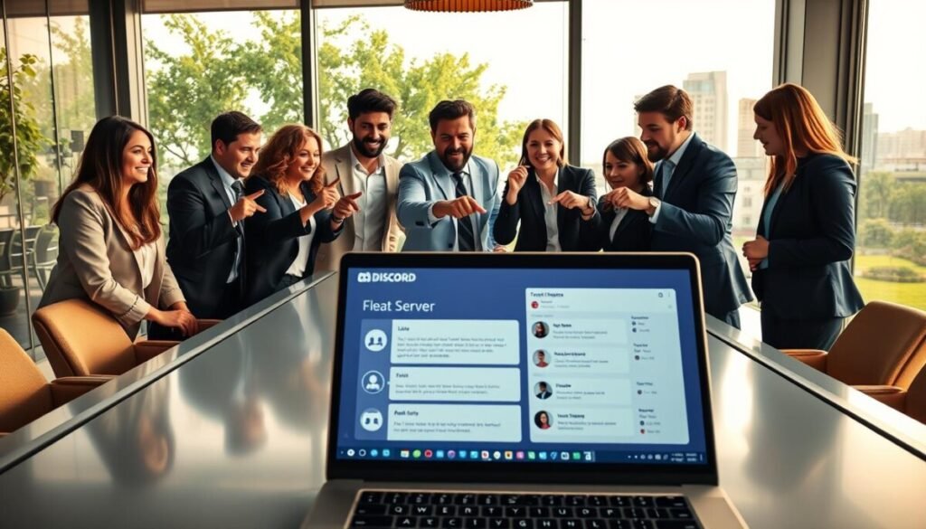A stylish and modern workspace featuring a diverse group of professionals gathered around a sleek conference table, actively discussing strategies. In the foreground, a laptop displays an organized Discord server interface, with icons representing different channels and member interactions, conveying the theme of promoting a server. The middle ground features engaged individuals, dressed in professional business attire, showcasing excitement and collaboration, as they point towards the laptop screen. In the background, large windows let in warm, natural light, creating an inviting atmosphere, with greenery and cityscape visible outside. The overall mood is dynamic and focused, reflecting innovation and teamwork in business promotion.