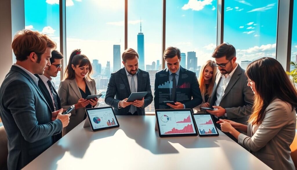 A stylish office environment serves as the backdrop, featuring a large window with a view of a bustling city skyline under a vibrant blue sky. In the foreground, a diverse group of business professionals, dressed in smart attire, gather around a sleek table, examining data visualizations displayed on portable devices. Charts and graphs showcasing audience segmentation and engagement analytics are prominent on their screen. The atmosphere is collaborative and focused, with warm natural light streaming in, creating a sense of innovation and forward-thinking. In the middle ground, a digital display board highlights key statistics, while modern office decor subtly enhances the professional feel, capturing the essence of advanced strategies for audience insights.