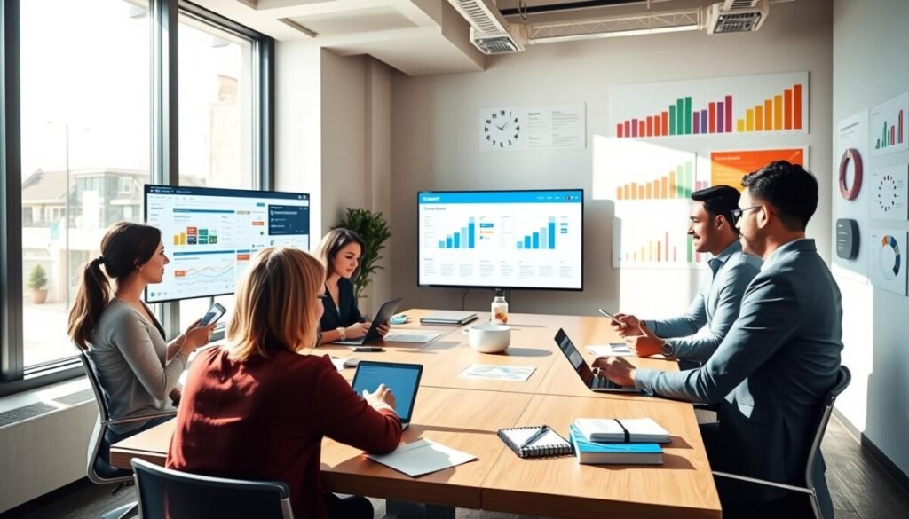 A stylish office environment with a modern conference table in the foreground, occupied by diverse professionals discussing strategies over digital devices. In the middle, a large screen displays a visually appealing content calendar and social media analytics. Bright, natural sunlight streams through large windows, casting soft shadows, creating an inviting atmosphere. On a side table, notebooks and marketing materials are neatly arranged, contributing to the productive vibe. The background features colorful charts and graphs on the walls, emphasizing the focus on organic growth in social media strategy. The mood is collaborative and innovative, capturing the essence of a dynamic content strategy meeting in a business setting, highlighting professional attire and engagement among team members. A stylish office environment with a modern conference table in the foreground, occupied by diverse professionals discussing strategies over digital devices. In the middle, a large screen displays a visually appealing content calendar and social media analytics. Bright, natural sunlight streams through large windows, casting soft shadows, creating an inviting atmosphere. On a side table, notebooks and marketing materials are neatly arranged, contributing to the productive vibe. The background features colorful charts and graphs on the walls, emphasizing the focus on organic growth in social media strategy. The mood is collaborative and innovative, capturing the essence of a dynamic content strategy meeting in a business setting, highlighting professional attire and engagement among team members.