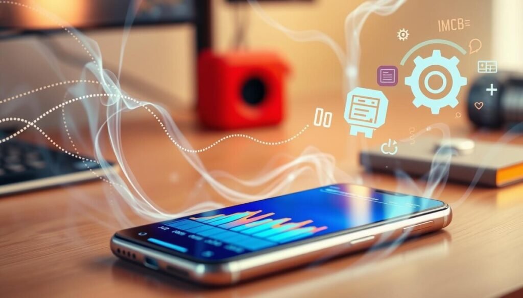 A surreal depiction of a smartphone on a desk, surrounded by ethereal wisps of heat and colorful graphical representations of background processes, such as dotted lines and abstract shapes that symbolize data flow. In the foreground, the smartphone’s screen displays a vibrant performance benchmark graph, slightly warped by the surrounding heat. The middle ground features swirling animated icons like gears and code snippets, illustrating active software processes, set against a softly blurred workspace. The background includes a warm color palette with soft, diffused lighting that evokes a sense of elevated temperature. The overall mood is dynamic yet slightly chaotic, capturing the essence of technological strain due to heat, emphasizing the impact of internal processes on device performance.