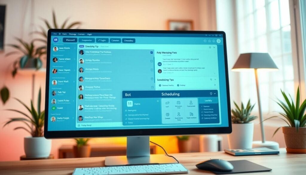 A vibrant Discord channel interface showcasing message scheduling features. In the foreground, a computer screen displays a clear view of the Discord app, filled with colorful messages from various users discussing scheduling tips. The middle layer shows elements of a bot interface, with icons representing scheduling tools and a calendar feature. The background features a cozy, modern workspace with soft lighting and houseplants, creating a welcoming atmosphere. The scene is illuminated with warm tones, suggesting productivity and collaboration. Use a wide-angle lens to capture the computer setup and the workspace ambiance, ensuring a professional look that conveys engagement and efficiency in using Discord for message scheduling. A vibrant Discord channel interface showcasing message scheduling features. In the foreground, a computer screen displays a clear view of the Discord app, filled with colorful messages from various users discussing scheduling tips. The middle layer shows elements of a bot interface, with icons representing scheduling tools and a calendar feature. The background features a cozy, modern workspace with soft lighting and houseplants, creating a welcoming atmosphere. The scene is illuminated with warm tones, suggesting productivity and collaboration. Use a wide-angle lens to capture the computer setup and the workspace ambiance, ensuring a professional look that conveys engagement and efficiency in using Discord for message scheduling.