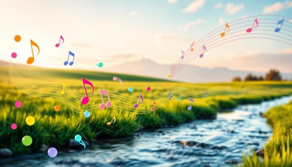 A vibrant and abstract representation of "background music," featuring swirling musical notes and sound waves flowing through a serene landscape. In the foreground, visualize colorful musical notes in various sizes, dancing above a gentle stream that reflects a soft sunlight. The middle ground includes a lush green meadow, lightly swaying with a breeze, infused with hints of rhythm, while a distant mountain range looms softly under a pastel sky. The background is layered with soft-focus clouds and wisps of sound waves that blend harmoniously into the horizon. The atmosphere is uplifting and creative, evoking a sense of inspiration and flow. Utilize soft, diffused lighting to create a dreamy quality, with an angle that captures the expanse of the scene, focusing on the movement and energy of the music. A vibrant and abstract representation of "background music," featuring swirling musical notes and sound waves flowing through a serene landscape. In the foreground, visualize colorful musical notes in various sizes, dancing above a gentle stream that reflects a soft sunlight. The middle ground includes a lush green meadow, lightly swaying with a breeze, infused with hints of rhythm, while a distant mountain range looms softly under a pastel sky. The background is layered with soft-focus clouds and wisps of sound waves that blend harmoniously into the horizon. The atmosphere is uplifting and creative, evoking a sense of inspiration and flow. Utilize soft, diffused lighting to create a dreamy quality, with an angle that captures the expanse of the scene, focusing on the movement and energy of the music.