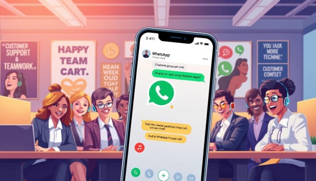 A vibrant and dynamic illustration of a diverse group of professionals engaging in a virtual WhatsApp group chat. In the foreground, depict a smartphone showing the WhatsApp interface with messages displayed, including icons for audio and video calls. In the middle, illustrate a diverse cast of individuals in professional business attire, conveying excitement and collaboration, sitting at their desks, some wearing headsets, focusing intently on their screens. In the background, include a modern office setting with motivational posters related to customer support and teamwork. The lighting is bright and inviting, with a warm ambiance that promotes a sense of connectivity and support. The angle is slightly tilted to create a dynamic perspective, ensuring a lively atmosphere. A vibrant and dynamic illustration of a diverse group of professionals engaging in a virtual WhatsApp group chat. In the foreground, depict a smartphone showing the WhatsApp interface with messages displayed, including icons for audio and video calls. In the middle, illustrate a diverse cast of individuals in professional business attire, conveying excitement and collaboration, sitting at their desks, some wearing headsets, focusing intently on their screens. In the background, include a modern office setting with motivational posters related to customer support and teamwork. The lighting is bright and inviting, with a warm ambiance that promotes a sense of connectivity and support. The angle is slightly tilted to create a dynamic perspective, ensuring a lively atmosphere.