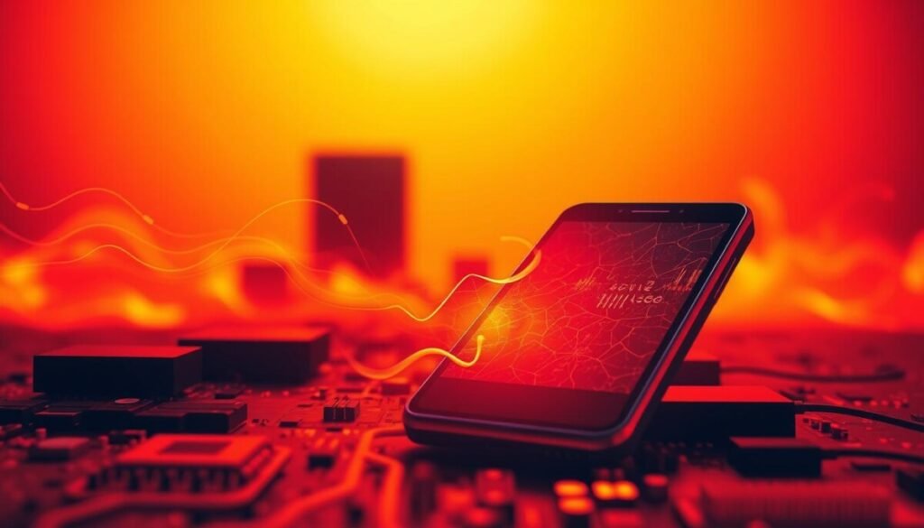 A vibrant and dynamic illustration representing the concept of "heat" in an abstract form. In the foreground, a glowing, red-hot smartphone emits waves of heat distortion, its screen displaying faint, flickering graphics that suggest overheating. The middle ground features blurred silhouettes of computer chips and electronic components, radiating warmth and cracked surfaces, symbolizing stress and strain. The background showcases a gradient transition from deep orange to bright yellow, representing heat rising into the atmosphere. Use soft, glowing light emanating from the smartphone to create a warm, intense atmosphere, while ensuring the overall mood reflects urgency and the need for management. The angle should be slightly tilted to give a dramatic effect, suggesting the overwhelming nature of heat. A vibrant and dynamic illustration representing the concept of "heat" in an abstract form. In the foreground, a glowing, red-hot smartphone emits waves of heat distortion, its screen displaying faint, flickering graphics that suggest overheating. The middle ground features blurred silhouettes of computer chips and electronic components, radiating warmth and cracked surfaces, symbolizing stress and strain. The background showcases a gradient transition from deep orange to bright yellow, representing heat rising into the atmosphere. Use soft, glowing light emanating from the smartphone to create a warm, intense atmosphere, while ensuring the overall mood reflects urgency and the need for management. The angle should be slightly tilted to give a dramatic effect, suggesting the overwhelming nature of heat.