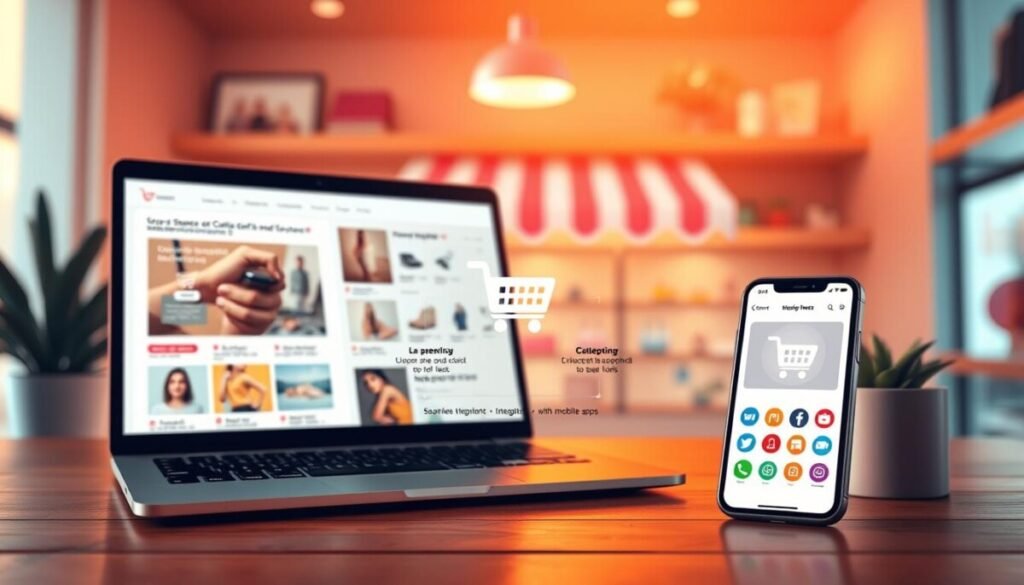A vibrant and dynamic illustration showcasing essential ecommerce features for online stores. In the foreground, display a sleek laptop and smartphone side by side, displaying visually appealing product pages with clear images and descriptive layouts. The middle section should feature a clean, user-friendly shopping cart icon, payment options like credit cards and digital wallets, alongside seamless integration with mobile apps. In the background, include a stylized digital storefront with various product categories, represented by colorful icons, and a visually engaging checkout process. Soft, warm lighting creates an inviting atmosphere, highlighting the simplicity and effectiveness of online shopping. Capture the scene with a slight overhead angle to create depth, emphasizing the technology-driven experience of ecommerce. A vibrant and dynamic illustration showcasing essential ecommerce features for online stores. In the foreground, display a sleek laptop and smartphone side by side, displaying visually appealing product pages with clear images and descriptive layouts. The middle section should feature a clean, user-friendly shopping cart icon, payment options like credit cards and digital wallets, alongside seamless integration with mobile apps. In the background, include a stylized digital storefront with various product categories, represented by colorful icons, and a visually engaging checkout process. Soft, warm lighting creates an inviting atmosphere, highlighting the simplicity and effectiveness of online shopping. Capture the scene with a slight overhead angle to create depth, emphasizing the technology-driven experience of ecommerce.