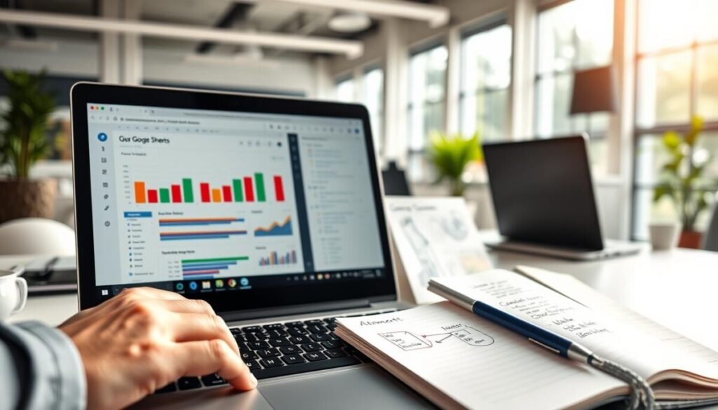 A vibrant and dynamic workspace scene focused on Google Sheets automation using Google Apps Script. In the foreground, a sleek laptop displays an open Google Sheets interface with colorful graphs and automated scripts running. A hand, casually yet professionally dressed, hovers over the keyboard, emphasizing active engagement. In the middle ground, a notepad filled with handwritten notes and diagrams about Apps Script connections is visible, suggesting an active learning environment. The background features a bright, modern office with natural light streaming through large windows, giving a sense of openness and inspiration. Soft lighting highlights the details on the laptop screen, while a slight bokeh effect adds depth, creating an inviting atmosphere for mastering automation. The overall mood is focused, encouraging productivity and creativity. A vibrant and dynamic workspace scene focused on Google Sheets automation using Google Apps Script. In the foreground, a sleek laptop displays an open Google Sheets interface with colorful graphs and automated scripts running. A hand, casually yet professionally dressed, hovers over the keyboard, emphasizing active engagement. In the middle ground, a notepad filled with handwritten notes and diagrams about Apps Script connections is visible, suggesting an active learning environment. The background features a bright, modern office with natural light streaming through large windows, giving a sense of openness and inspiration. Soft lighting highlights the details on the laptop screen, while a slight bokeh effect adds depth, creating an inviting atmosphere for mastering automation. The overall mood is focused, encouraging productivity and creativity.