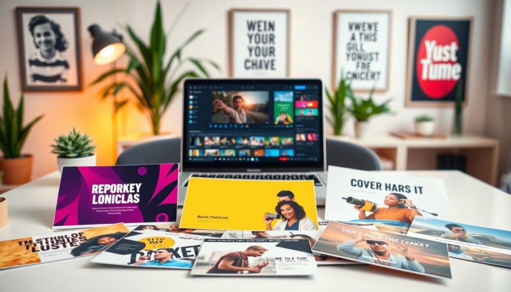 A vibrant and engaging image showcasing a variety of YouTube thumbnail templates laid out on a clean, stylish workspace. In the foreground, various thumbnail designs are artistically arranged, featuring bold colors, eye-catching graphics, and diverse content categories. The middle layer includes a sleek laptop with the screen displaying an editing software interface, hinting at the design process. The background is softly blurred, showcasing a modern office setting with warm lighting, plants, and a motivational poster on the wall. The overall mood is creative and productive, inviting viewers to imagine the possibilities of using smart templates to enhance their YouTube channels. The composition should evoke inspiration and professionalism, ideal for content creators.