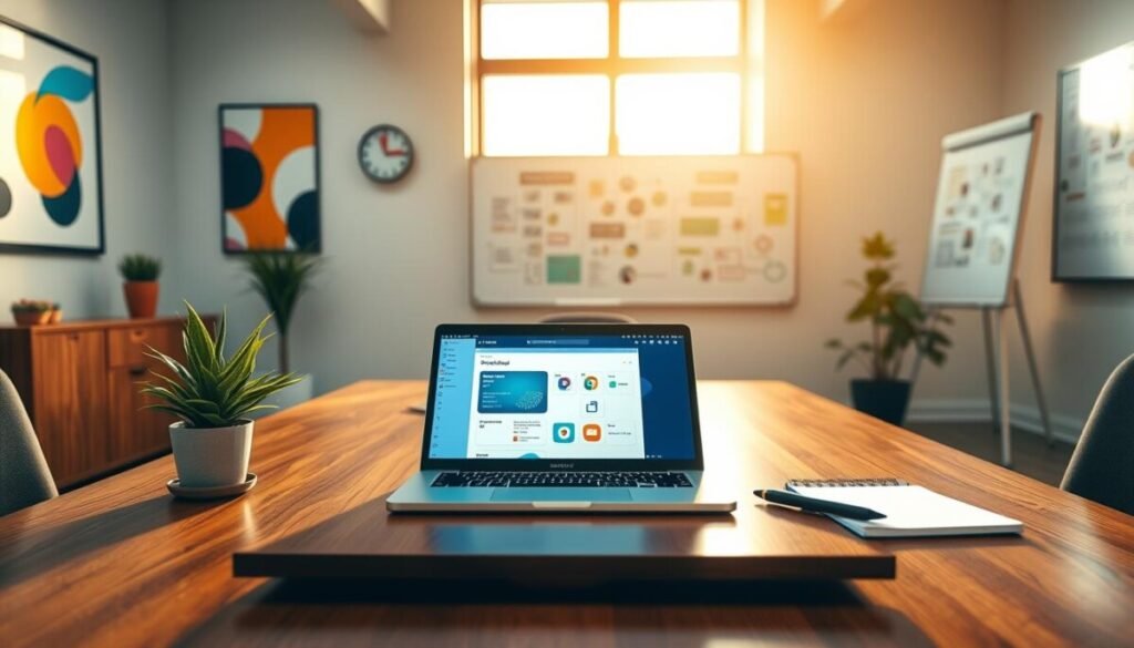 A vibrant and engaging office workspace designed to represent the concept of "Getting Started." In the foreground, a sleek wooden desk features a laptop displaying n8n’s interface, a potted plant for a touch of greenery, and a notepad with a pen ready for notes. In the middle, a large window filters in warm, natural light, illuminating the space and casting soft shadows. On the walls, abstract art pieces add creativity to the scene, while a whiteboard in the background showcases colorful flowcharts and diagrams related to workflows. The atmosphere is inviting and inspiring, promoting a sense of possibility and productivity, with a camera angle that captures the workspace from an inviting perspective, around eye level for a welcoming feel.