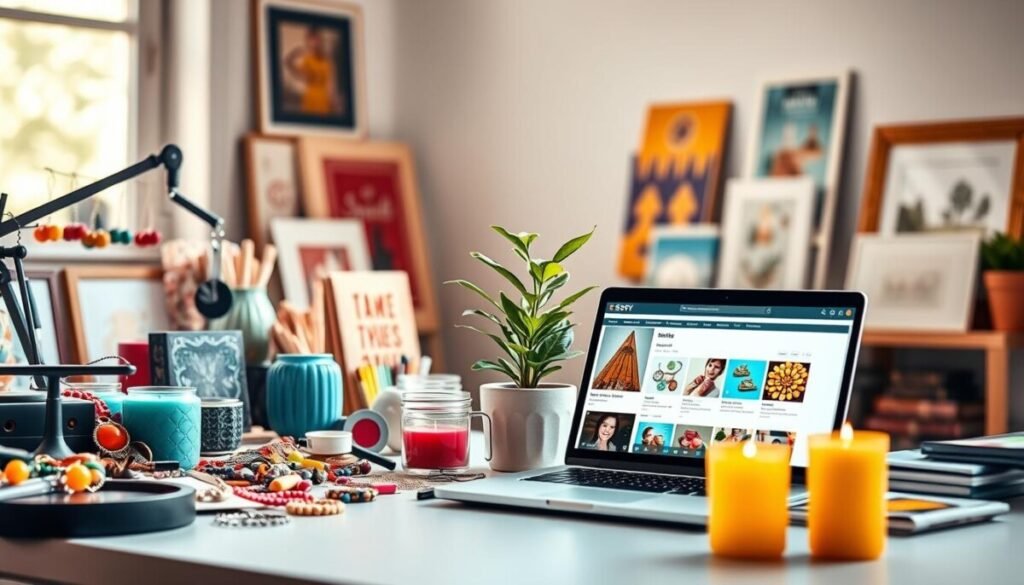 A vibrant and engaging workspace scene showcasing an Etsy seller's listings. In the foreground, a stylish desk cluttered with colorful handmade items: jewelry, candles, and art prints displayed attractively. A laptop open with an Etsy shop page visible, showcasing a beautiful product image. In the middle ground, a small potted plant adds a touch of nature and balance to the arrangement. The background features soft, diffused natural light streaming through a window, illuminating the space and creating a warm, inviting atmosphere. The mood is creative and entrepreneurial, emphasizing the drive to attract customers. The image is focused, shot at a slight angle to highlight the items, with a shallow depth of field to bring emphasis to the desk. A vibrant and engaging workspace scene showcasing an Etsy seller's listings. In the foreground, a stylish desk cluttered with colorful handmade items: jewelry, candles, and art prints displayed attractively. A laptop open with an Etsy shop page visible, showcasing a beautiful product image. In the middle ground, a small potted plant adds a touch of nature and balance to the arrangement. The background features soft, diffused natural light streaming through a window, illuminating the space and creating a warm, inviting atmosphere. The mood is creative and entrepreneurial, emphasizing the drive to attract customers. The image is focused, shot at a slight angle to highlight the items, with a shallow depth of field to bring emphasis to the desk.