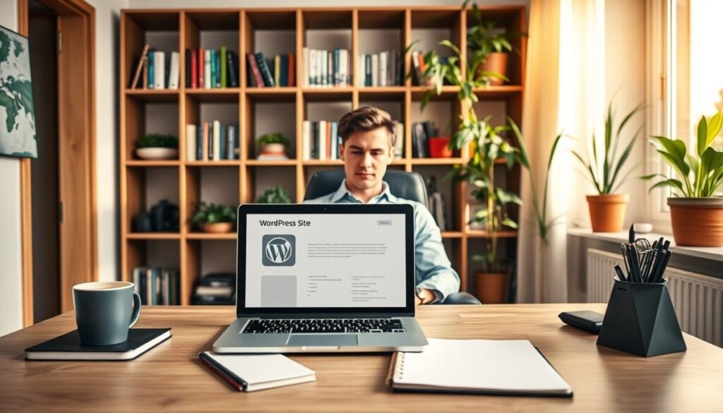 A vibrant and inviting home office scene depicting a person in smart casual attire, focused on setting up a WordPress site on a laptop. In the foreground, a modern desk with an open laptop displaying the WordPress interface, alongside a notebook and a cup of coffee. The middle layer features the person, a young professional with a look of concentration, sitting comfortably on an ergonomic chair. In the background, a well-organized bookshelf filled with tech books and plants for a touch of greenery, bathed in warm, soft lighting from a nearby window. The atmosphere should convey motivation and a sense of productivity, emphasizing the excitement of launching a new site. The camera angle is slightly above eye level, creating an engaging and dynamic perspective. A vibrant and inviting home office scene depicting a person in smart casual attire, focused on setting up a WordPress site on a laptop. In the foreground, a modern desk with an open laptop displaying the WordPress interface, alongside a notebook and a cup of coffee. The middle layer features the person, a young professional with a look of concentration, sitting comfortably on an ergonomic chair. In the background, a well-organized bookshelf filled with tech books and plants for a touch of greenery, bathed in warm, soft lighting from a nearby window. The atmosphere should convey motivation and a sense of productivity, emphasizing the excitement of launching a new site. The camera angle is slightly above eye level, creating an engaging and dynamic perspective.