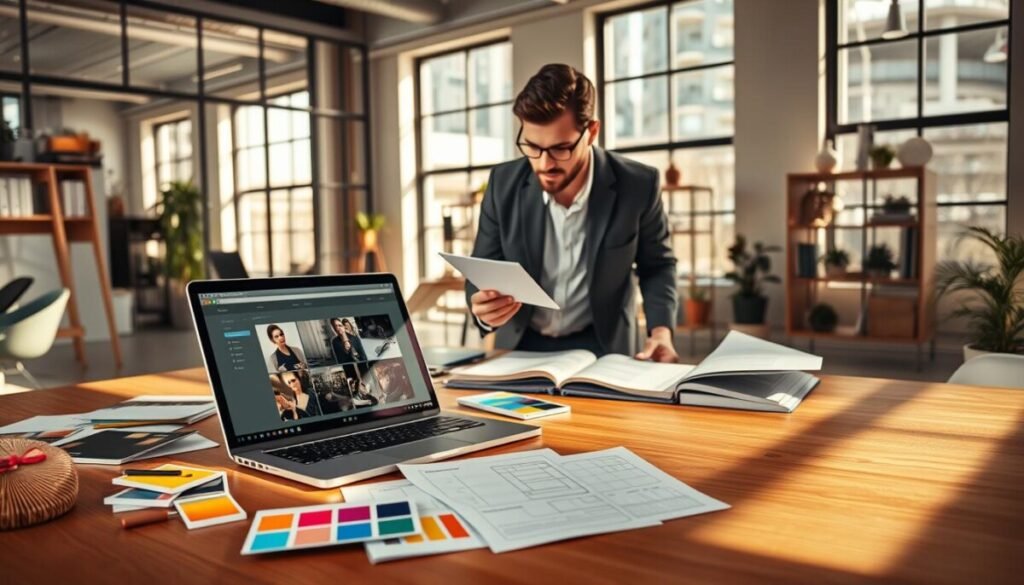 A vibrant and modern workspace depicting the process of selecting a project foundation for a website. In the foreground, a sleek laptop sits open on a wooden desk, displaying a colorful webpage layout. Beside it, design tools like color swatches and wireframe sketches are neatly organized. In the middle, a creative professional, dressed in smart casual attire, thoughtfully examines the designs, surrounded by a variety of digital devices and design books. The background features a contemporary office space with large windows allowing natural light to flood the room, creating an inviting atmosphere. Soft shadows play across the surfaces, enhancing the space's warm, productive feel, captured at a slight angle to provide depth and engagement.