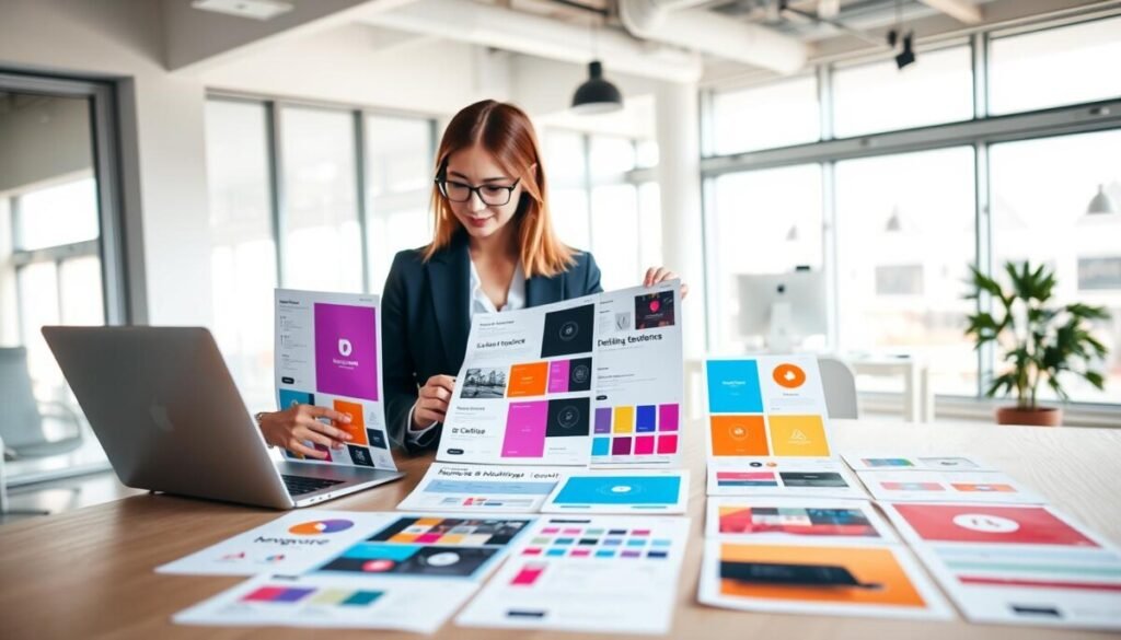 A vibrant and modern workspace illustrating the concept of maintaining brand consistency. In the foreground, a professional woman in smart business attire is reviewing a series of design templates on a sleek laptop. The middle layer features colorful mock-ups displaying various design elements such as logos, color palettes, and typography arranged neatly on a large table. The background shows a bright, minimalist office with large windows allowing natural light to stream in, casting soft shadows. The atmosphere is focused and creative, showcasing a sense of order and harmony in design. The camera angle is slightly elevated, providing a comprehensive view of the workspace, emphasizing organization and productivity in brand consistency. A vibrant and modern workspace illustrating the concept of maintaining brand consistency. In the foreground, a professional woman in smart business attire is reviewing a series of design templates on a sleek laptop. The middle layer features colorful mock-ups displaying various design elements such as logos, color palettes, and typography arranged neatly on a large table. The background shows a bright, minimalist office with large windows allowing natural light to stream in, casting soft shadows. The atmosphere is focused and creative, showcasing a sense of order and harmony in design. The camera angle is slightly elevated, providing a comprehensive view of the workspace, emphasizing organization and productivity in brand consistency.