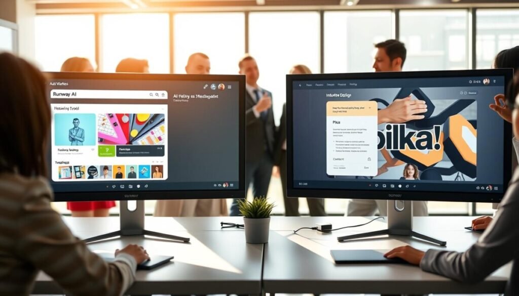 A vibrant and modern workspace scene showcasing two AI video generator tools side by side on sleek monitors. In the foreground, one screen displays colorful graphics and a user-friendly interface of the Runway AI tool, while the other shows Pika’s intuitive design. Surrounding the monitors, professional business figures in smart attire are engaged in discussion, pointing at the screens with enthusiasm. The middle background features a bright, well-lit office space with large windows allowing natural light to flood in, casting soft shadows. The atmosphere is dynamic and collaborative, emphasizing innovation and decision-making. Use a 35mm lens for a slight depth of field, focusing on the tools while keeping the individuals slightly blurred for context.